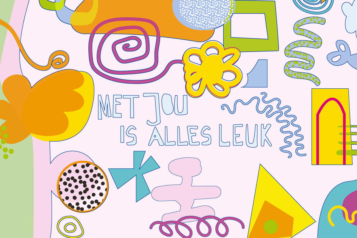 Kleurige abstracte vormen en patronen op een roze achtergrond met de tekst "Met jou is alles leuk" in het midden.