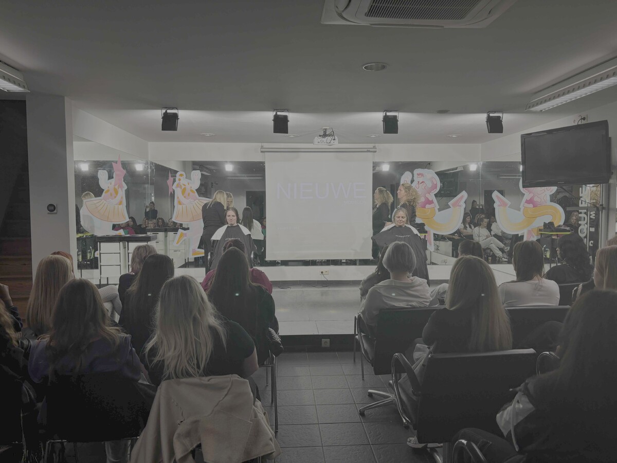 Een groep mensen zit in een kapsalon terwijl er een presentatie of demonstratie plaatsvindt. Aan de muur zijn kleurrijke afbeeldingen van figuren te zien.